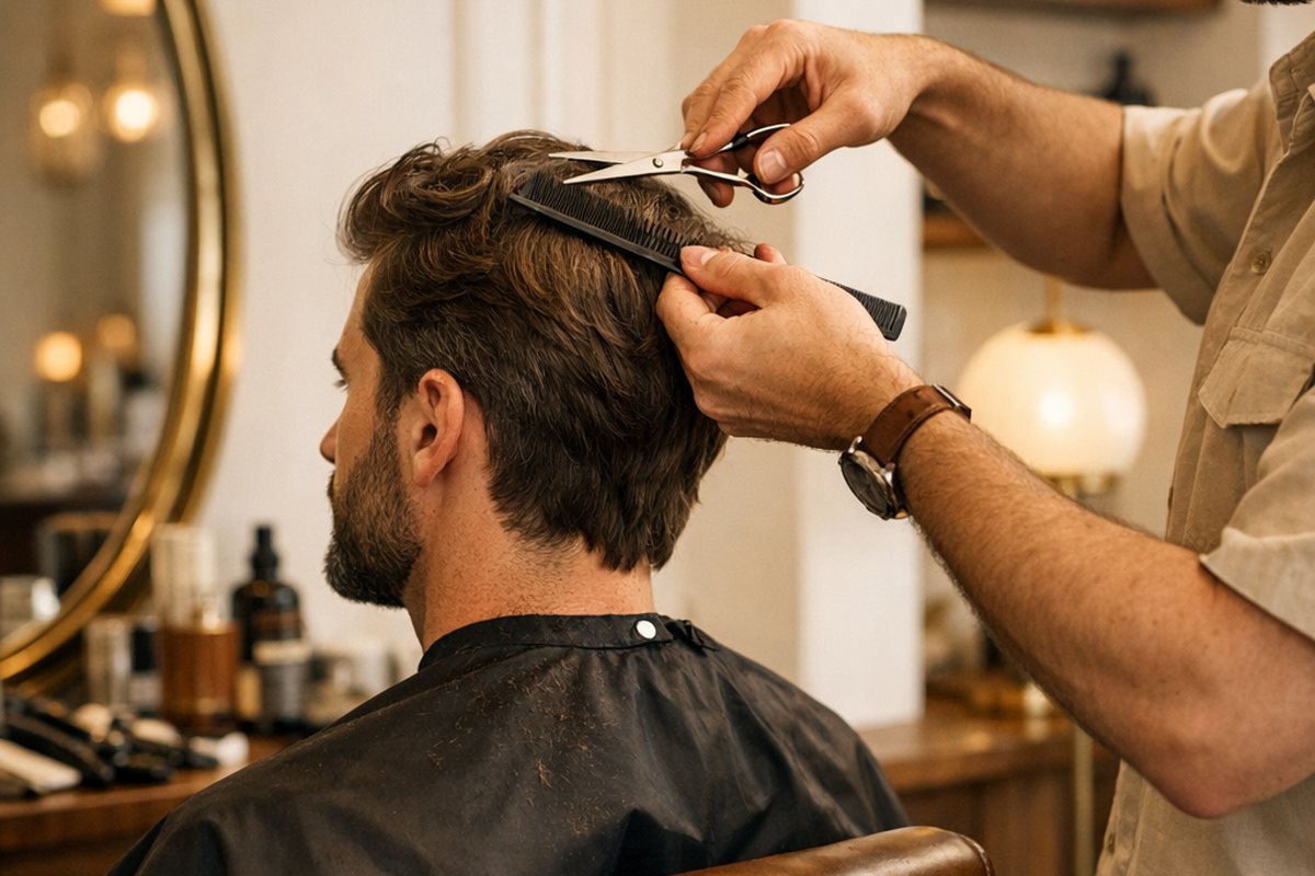 Barber κόβει με ψαλίδι μαλλιά με φυσική υφή σε άνδρα πελάτη σε φωτεινό, κομψό barbershop