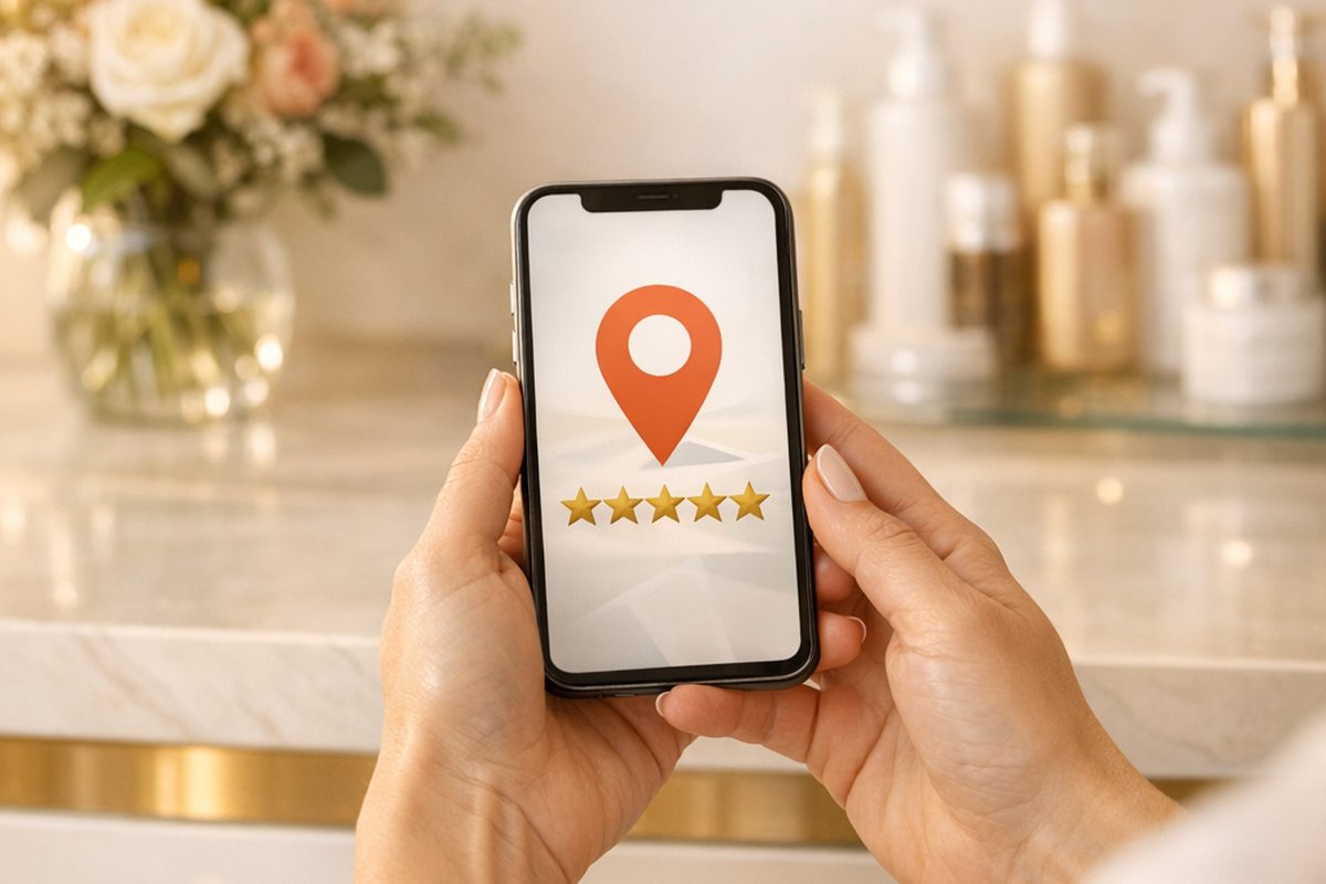Ιδιοκτήτρια κομμωτηρίου ελέγχει σε smartphone το προφίλ της επιχείρησης και τις κριτικές πελατών στο ταμείο του σαλονιού