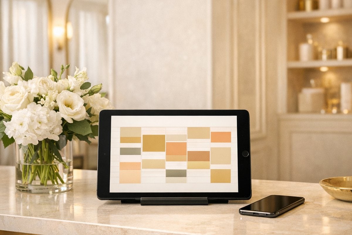 Ρεσεψιόν premium κομμωτηρίου με tablet που δείχνει ημερολόγιο ραντεβού, δίπλα σε ανθοδοχείο και ζεστό φωτισμό
