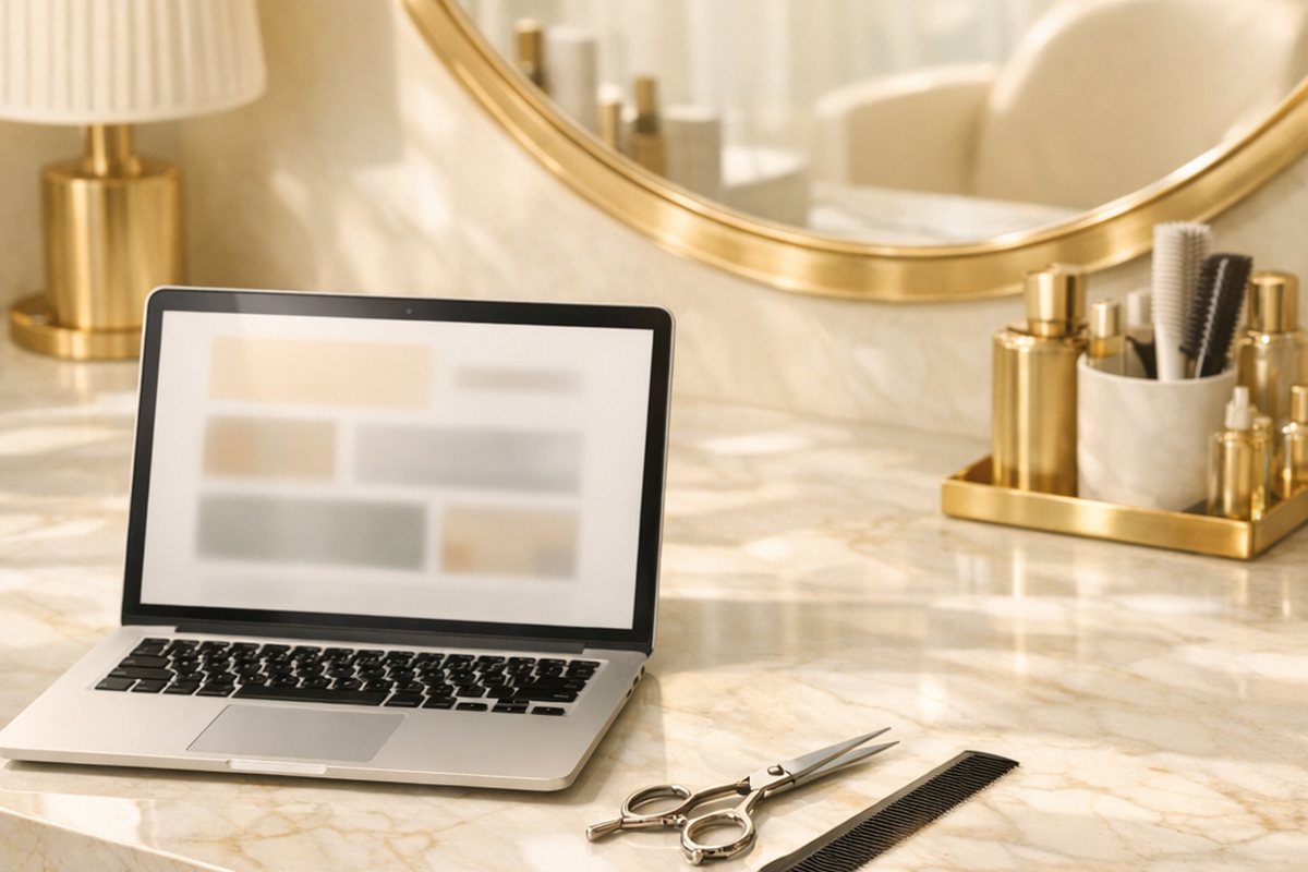 Laptop σε πάγκο κομμωτηρίου με ανοιχτή σελίδα υπηρεσιών του σαλονιού, δίπλα σε ψαλίδι και χτένα σε ζεστό φωτισμό